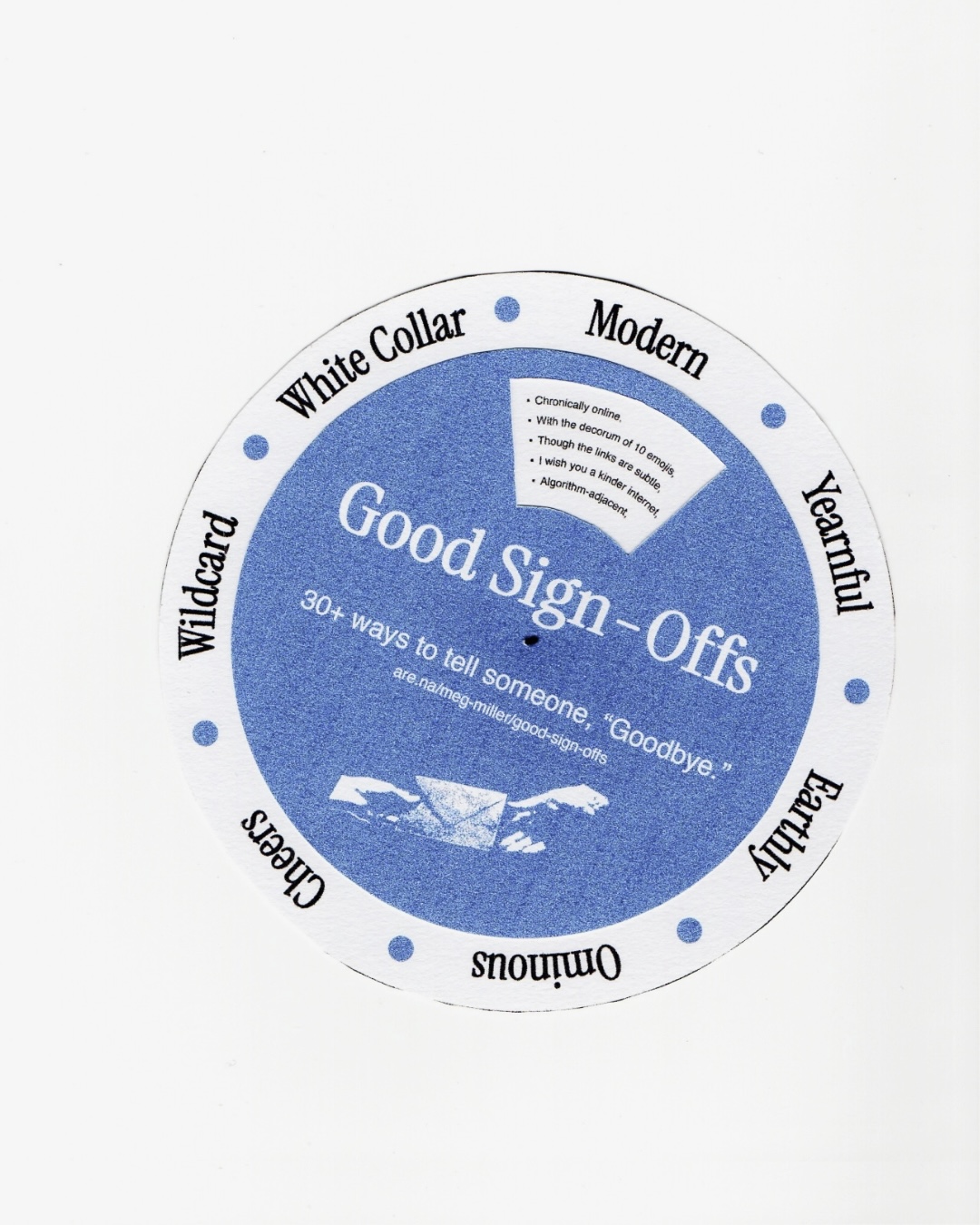 Good Sign-Offs volvelle, a handmade paper wheel chart for selecting email sign-offs